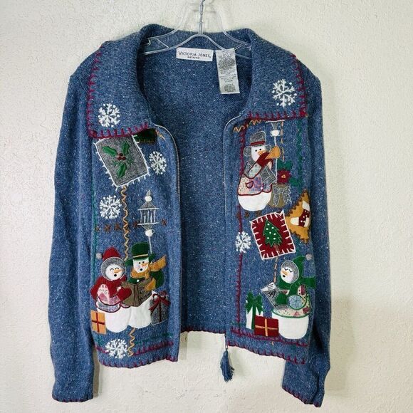 Victoria Jones Petite Christmas Sweater Women's Size PM Full Zip Snowmen Blue - Picture 13 of 13